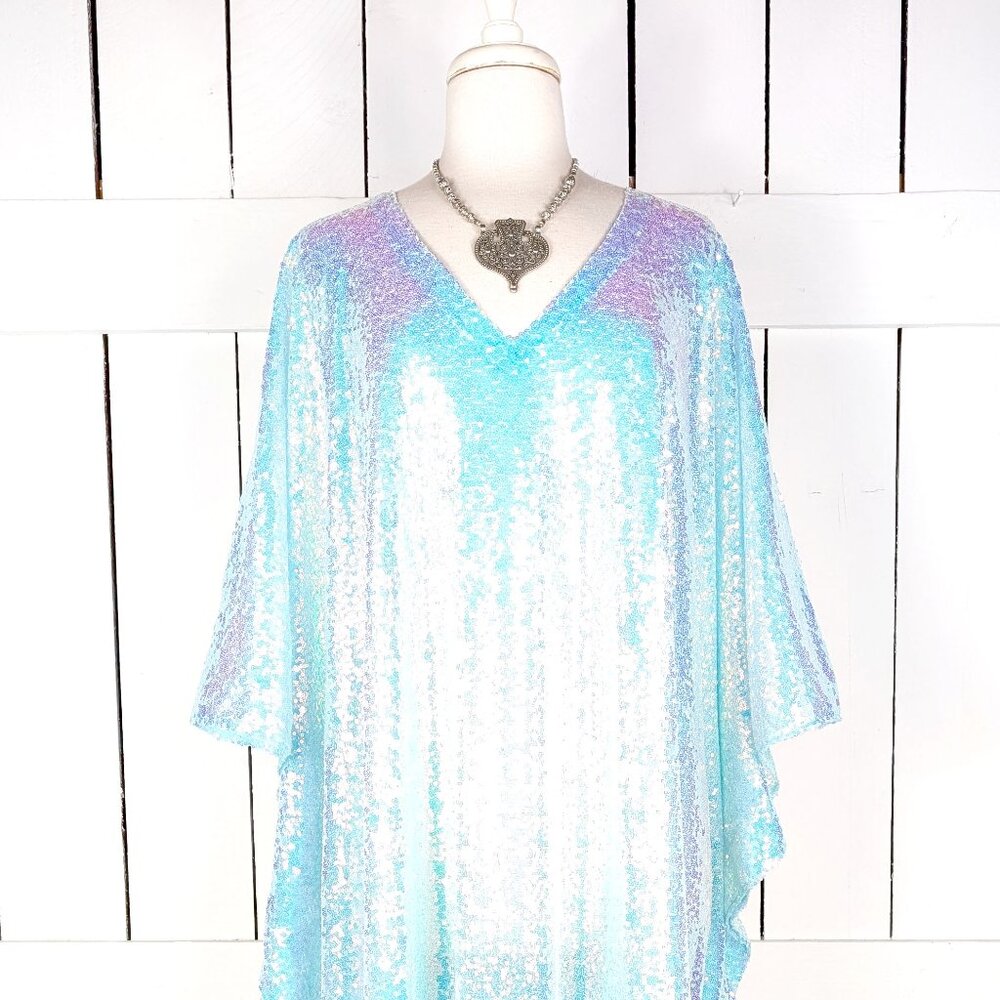 Iridescent blue sequins kimono caftan cover up tunic dress